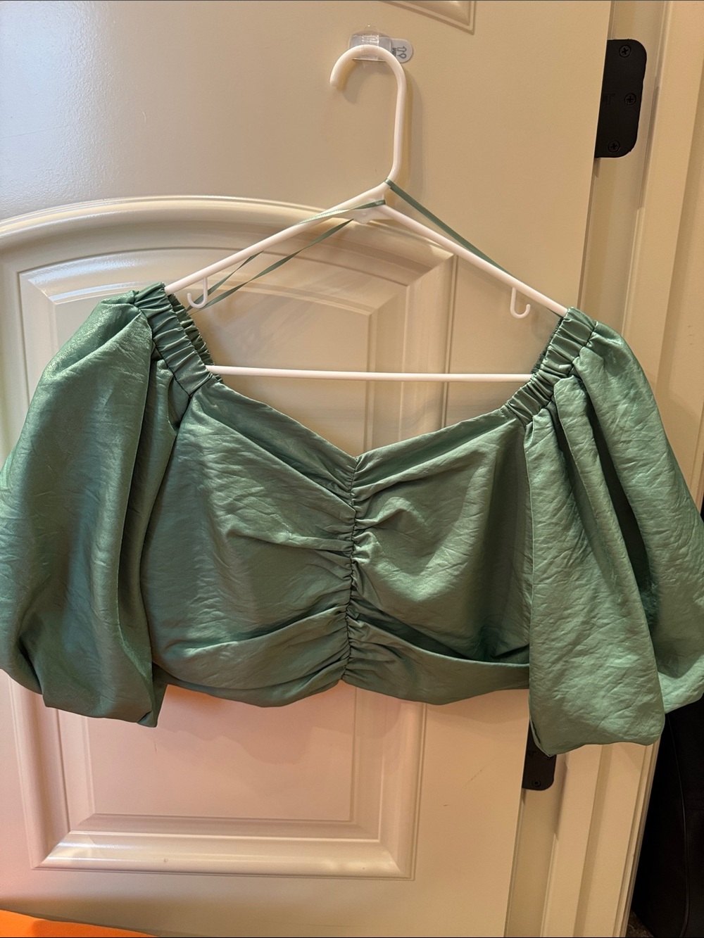 vestique Sage Green Ruched Puff-Sleeve Crop Top